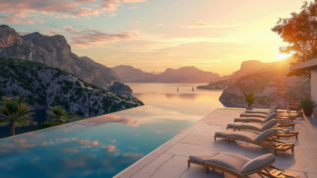 A massive swimming pool sits beside a towering building, creating a striking urban landscape.の素材