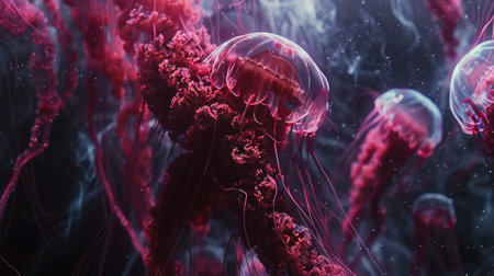Multiple jellyfish of various sizes drifting in the water.の素材