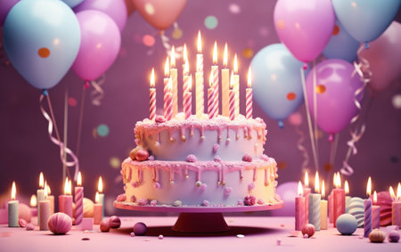 the birthday cake with candles and balloons.の素材
