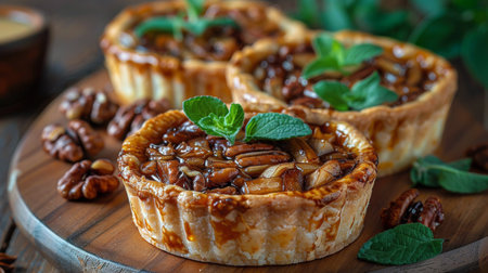 Four freshly baked pies topped with decorative leaves and nuts are displayed on a wooden table.の素材