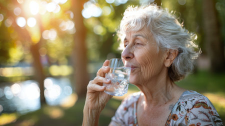 An older woman standing while holding a glass of water in her hand.の素材
