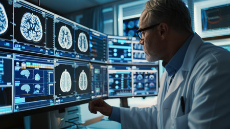 A man in a lab coat is focused on analyzing information displayed on a computer screen in a laboratory setting.の素材