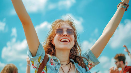 A woman with yellow sunglasses and a striped shirt standing outdoors.の素材