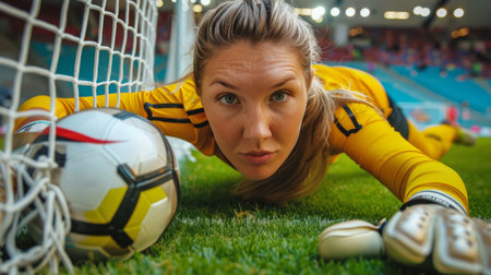 A female athlete wearing a bright yellow soccer uniform lying on the ground during a game.の素材