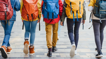 Three children, each carrying a backpack, walk through a field of colorful flowers under a clear blue sky.の素材
