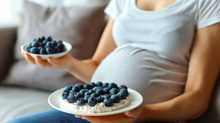 A pregnant woman holds a plate filled with fresh blueberries in her hands.の素材
