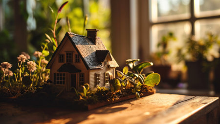 the model house is on a table near some plants.の素材