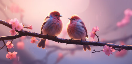 two birds are seated on a pink blossom branch.の素材