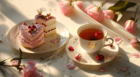two cakes and cups of tea in the shape of hearts and flowers.の素材
