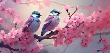 two birds are seated on a pink blossom branch.の素材