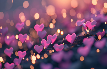 various pink hearts floating on top of a glowing background with a glowing background.の素材