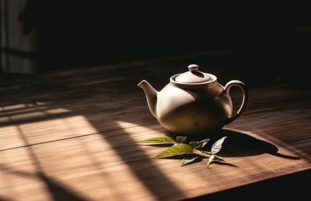 white teapot and leaf on wooden table.の素材