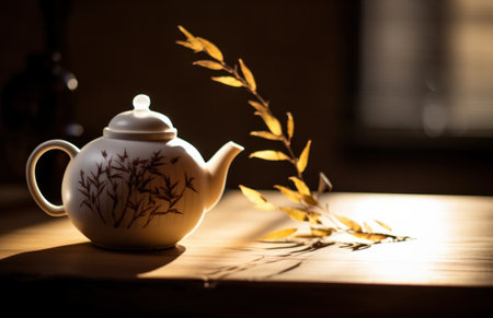 white teapot and leaf on wooden table.の素材