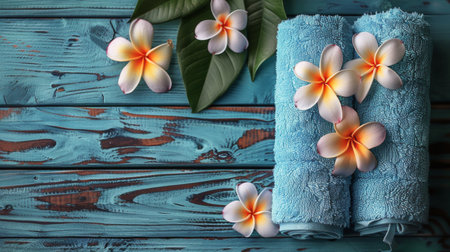A towel neatly folded beside a cluster of fresh flowers arranged on a rustic wooden table in a home setting.の素材