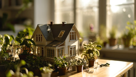 the model house is on a table near some plants.の素材