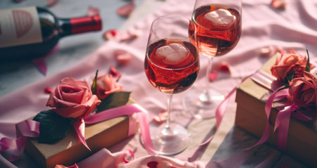 valentines day red wine, gift boxes, valentine's card.の素材