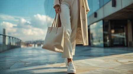 A woman stands in front of a blue wall, carrying shoulder bags. She gazes ahead, showcasing a poised stance.の素材