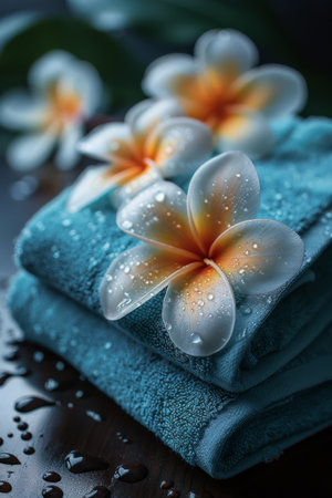 A neat stack of white towels placed on top of a wooden table.の素材