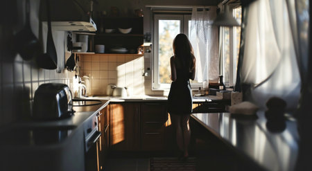 the woman is standing in the kitchen while looking at the camera.の素材