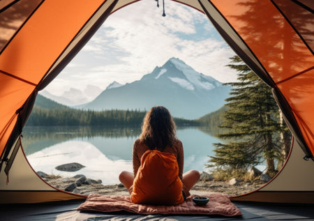 woman sitting inside a tent looking at lake.の素材