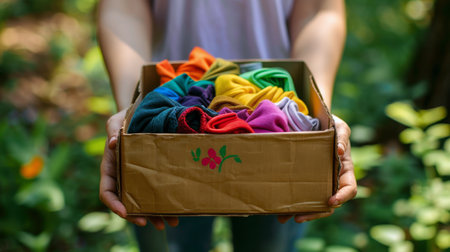 A person standing while holding a cardboard box filled with clothes.の素材