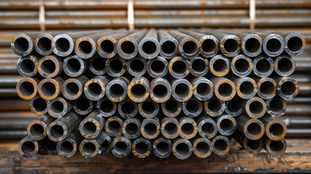 A stack of metal pipes aligned closely next to each other on the ground.の素材