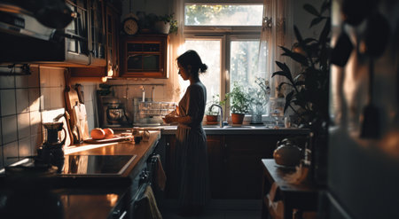 the woman is standing in the kitchen while looking at the camera.の素材