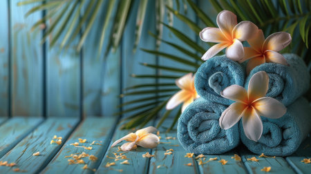A towel neatly folded beside a cluster of fresh flowers arranged on a rustic wooden table in a home setting.の素材