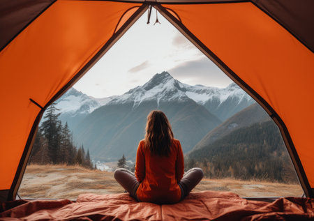 woman sitting inside a tent looking at lake.の素材