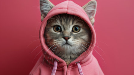 A cat dressed in a pink sweater with a hoodie, looking cozy and stylish.の素材