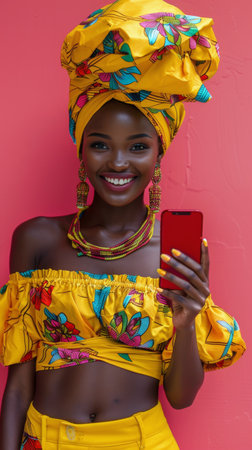 A woman dressed in a yellow outfit holding a cell phone in her hand.の素材