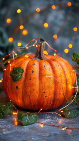 An orange pumpkin sits amidst a cluster of vibrant green leaves in a garden.の素材