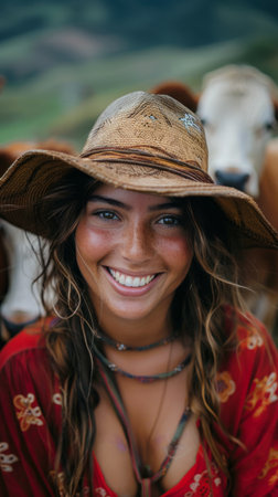A woman stands confidently in front of a large herd of cows in a field.の素材