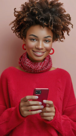 A woman wearing a red sweater holding a cell phone in her hand.の素材