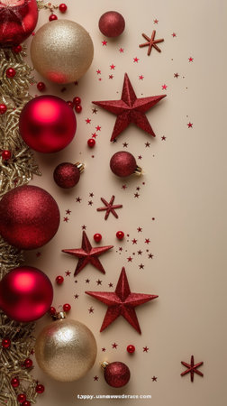 A collection of red and white Christmas ornaments displayed together.の素材