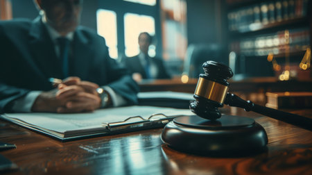 A judges gavel rests on a wooden table in a library setting, symbolizing authority and law.の素材