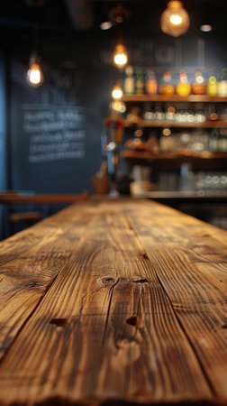 Wooden table top in front of a bar, showcasing glasses, drinks, and snacks on the surface.の素材