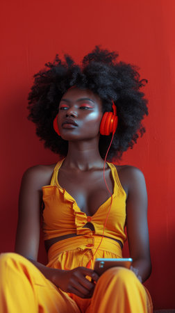 A woman wearing headphones stands in front of a bright red wall.の素材