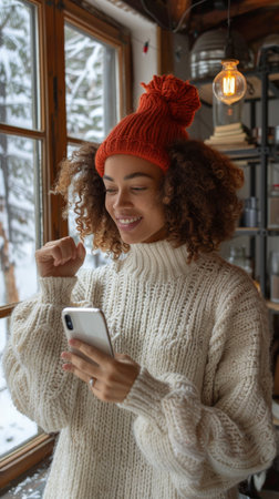 A woman, wearing a white sweater and a red hat, is focused on her cell phone.の素材