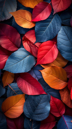 Detailed view of a plants red and blue leaves, showing vibrant colors and intricate patterns.の素材