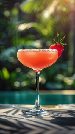 A pink cocktail rests on a table next to a sparkling pool, creating a refreshing and relaxing scene.の素材