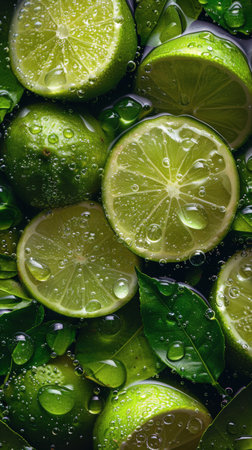 A collection of limes arranged in a pile, each glistening with water droplets.の素材