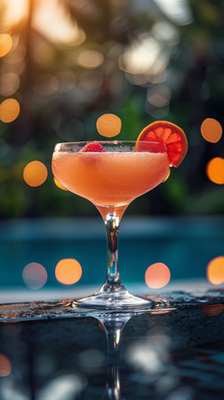 A pink drink in a glass with a mint leaf garnish on the rim, against a plain background.の素材