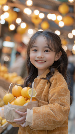 A young girl is standing while holding a bunch of fresh lemons in her hands.の素材