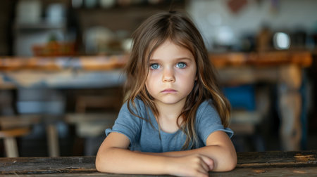 A young female child is seated at a table, her hands resting on her face in a contemplative gesture.の素材