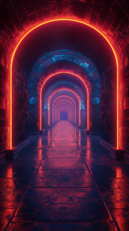 A set of stairs illuminated by neon lights that are descending in a modern, urban setting.の素材