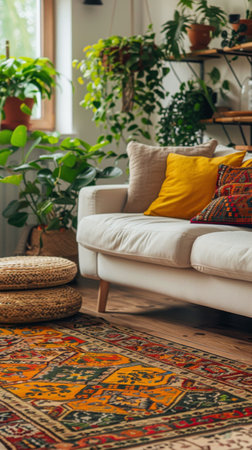 A living room adorned with numerous plants of various sizes and types, creating a lush green indoor oasis.の素材