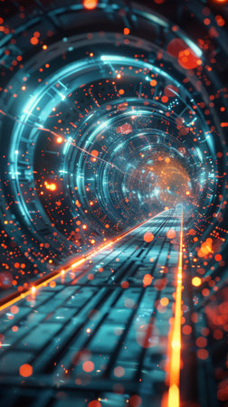 A tunnel illuminated by bright lights in the middle, creating a striking visual effect.の素材