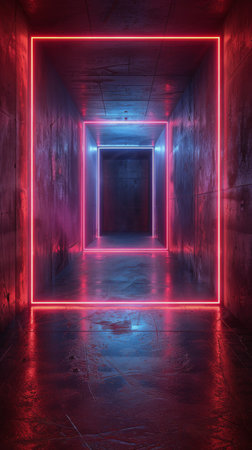 A set of stairs illuminated by neon lights that are descending in a modern, urban setting.の素材