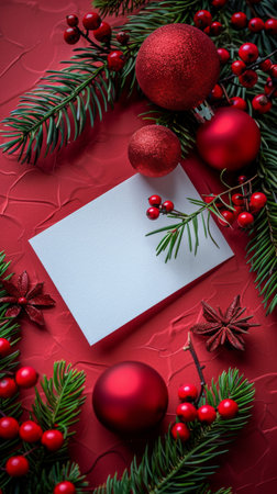 A red background adorned with various Christmas decorations and pine cones, creating a festive and cozy atmosphere.の素材